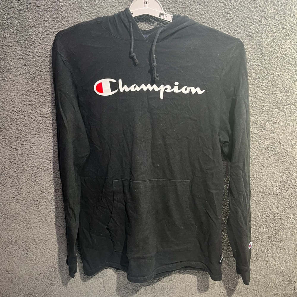 Champion Hoodie Mens Medium Black Pullover Long Sleeve‎ Classic Logo